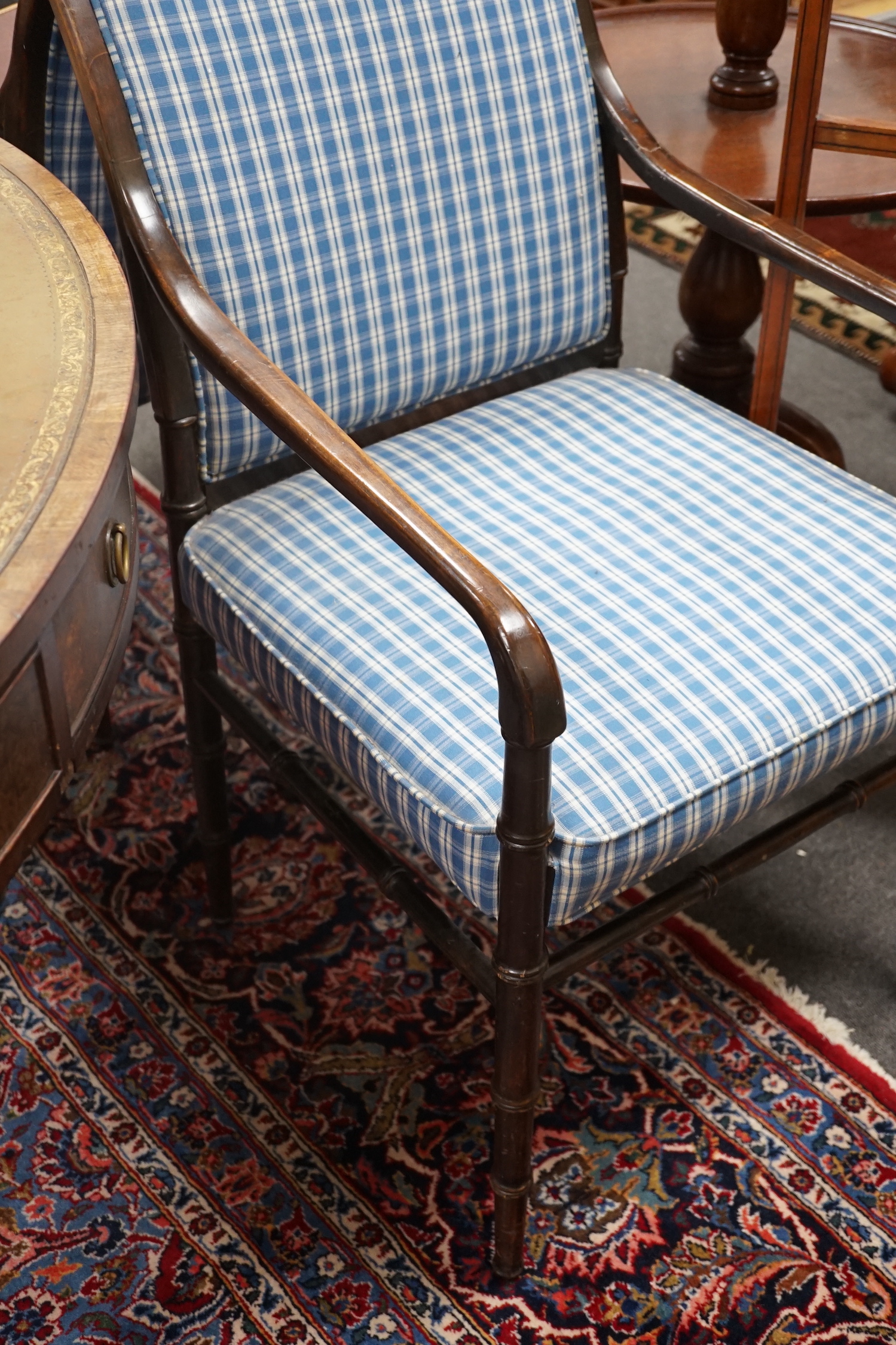 A pair of Regency style beech faux bamboo elbow chairs, width 51cm, depth 48cm, height 89cm
